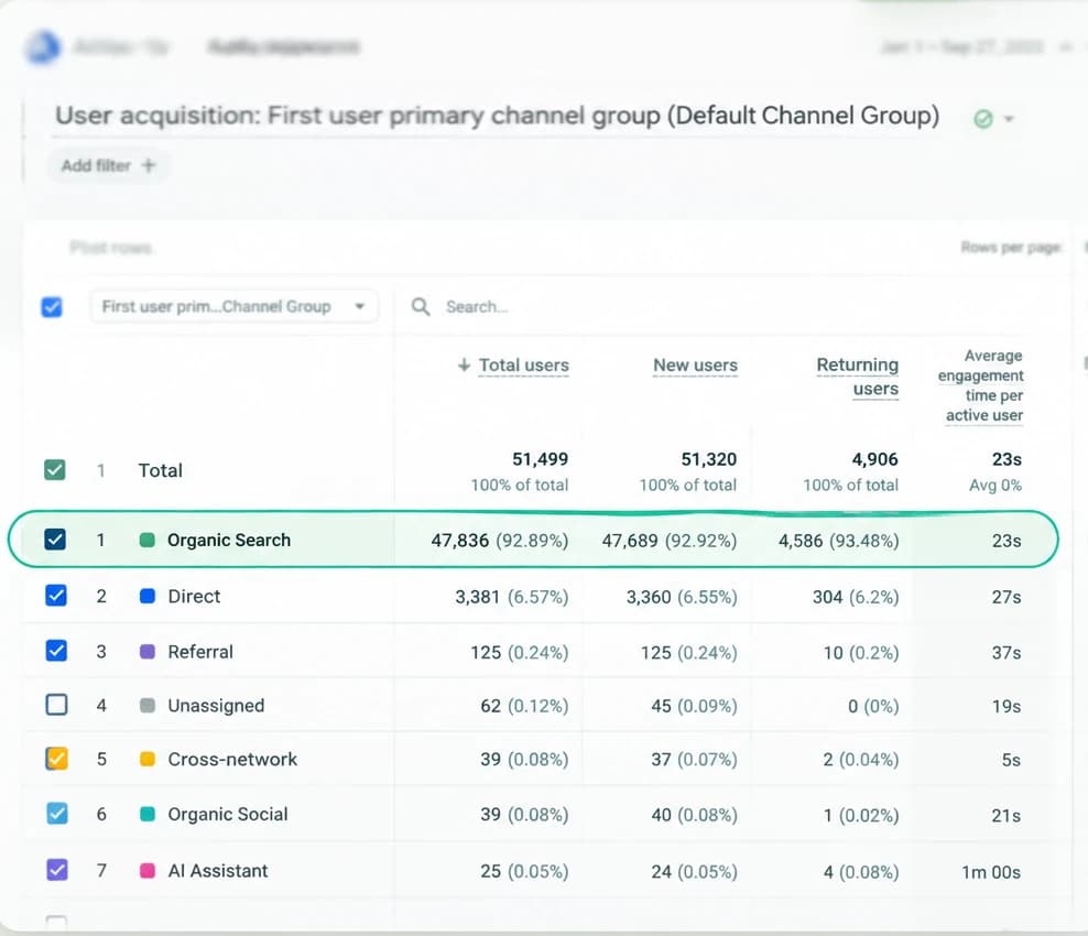 GA4 user acquisition table showing 47,836 Organic Search users, representing 92.89% of total users