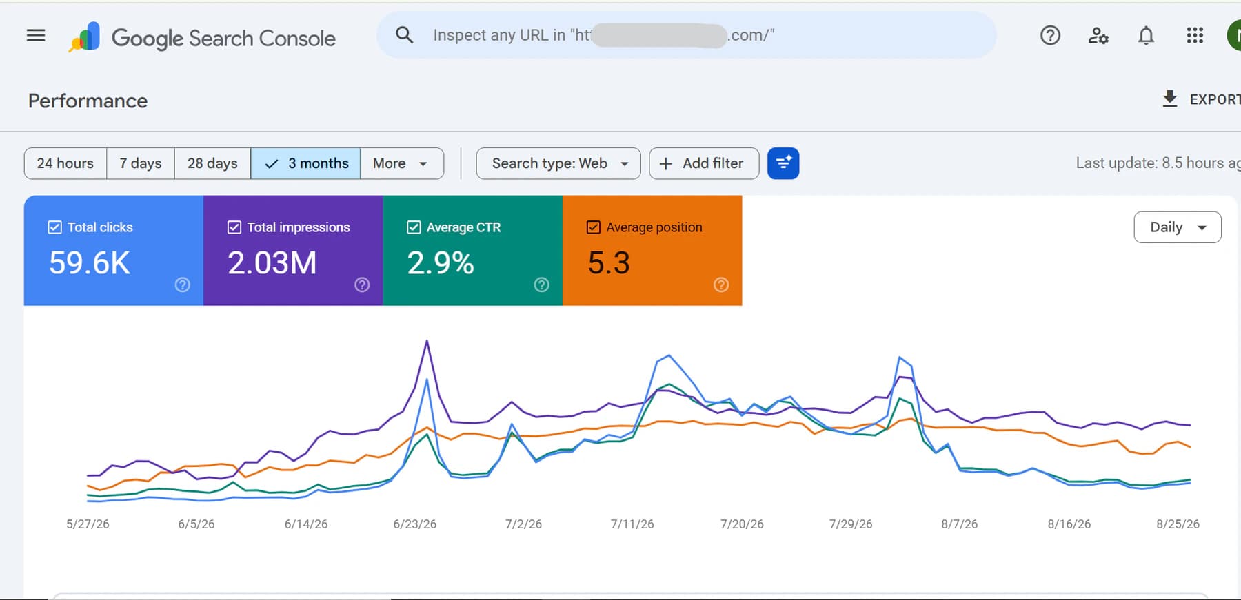 Google Search Console three-month performance snapshot for Owned SEO Project 02